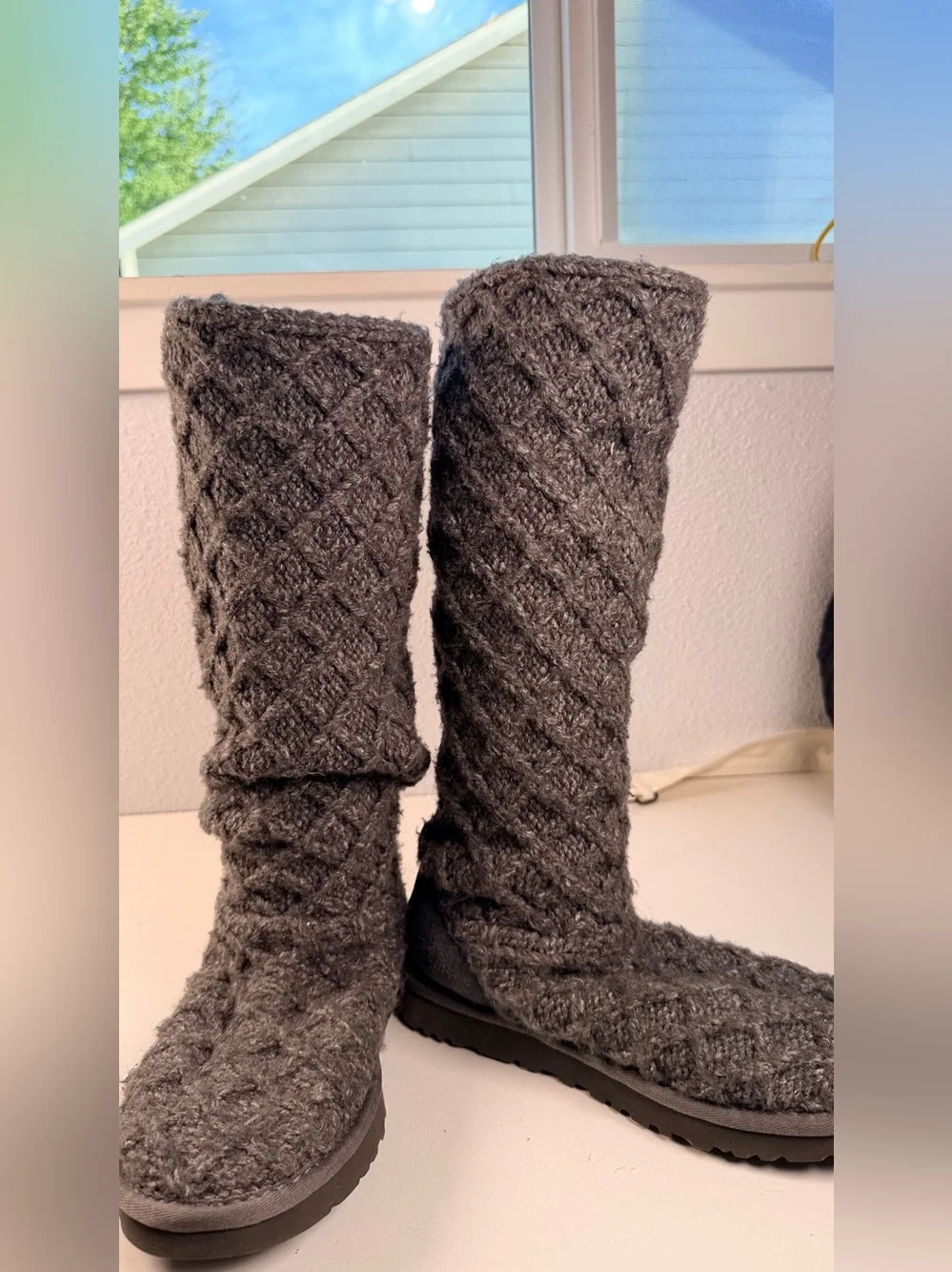 UGG Lattice Cardy Tall Knit Boots Charcoal Gray Womens Size 7